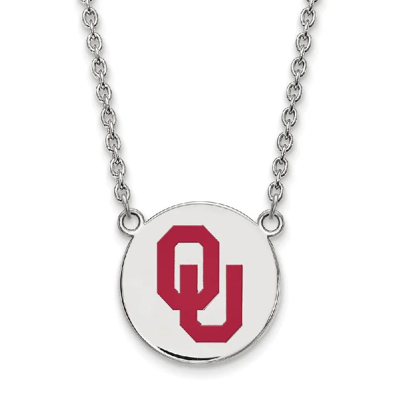 ladies-infinity-lariat-necklaces-Sterling Silver Oklahoma Large OU Enamel Disc Pendant Necklace