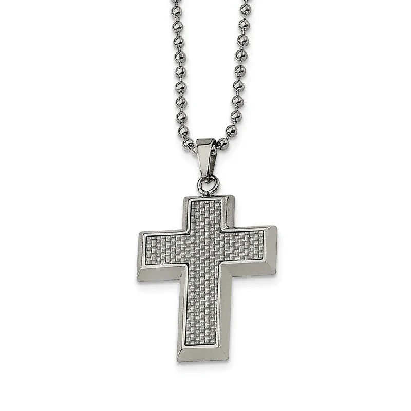 ladies-wedding-cable-chain-necklaces-Stainless Steel and Carbon Fiber Cross and Beaded Chain Necklace