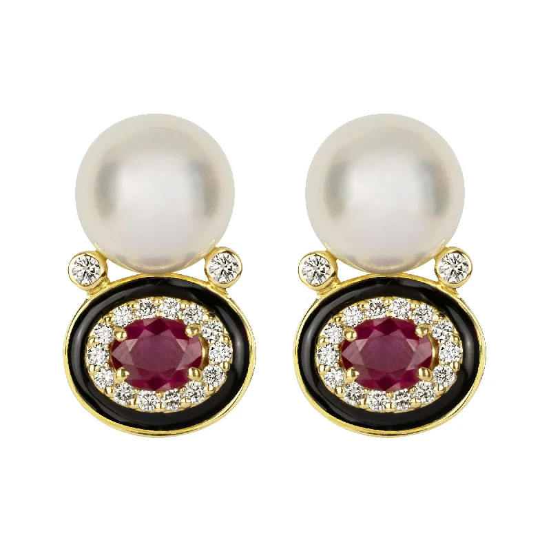 Ladies earrings bowed elegance -Earrings - South Sea Pearl, Ruby And Diamond (Enamel)