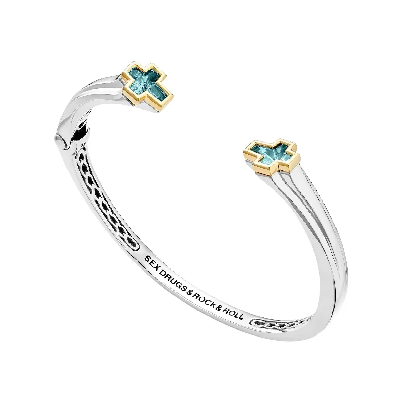 ladies-diamond-gold-bracelets-Blue Topaz Cross Sex Drugs & Rock & Roll Bracelet