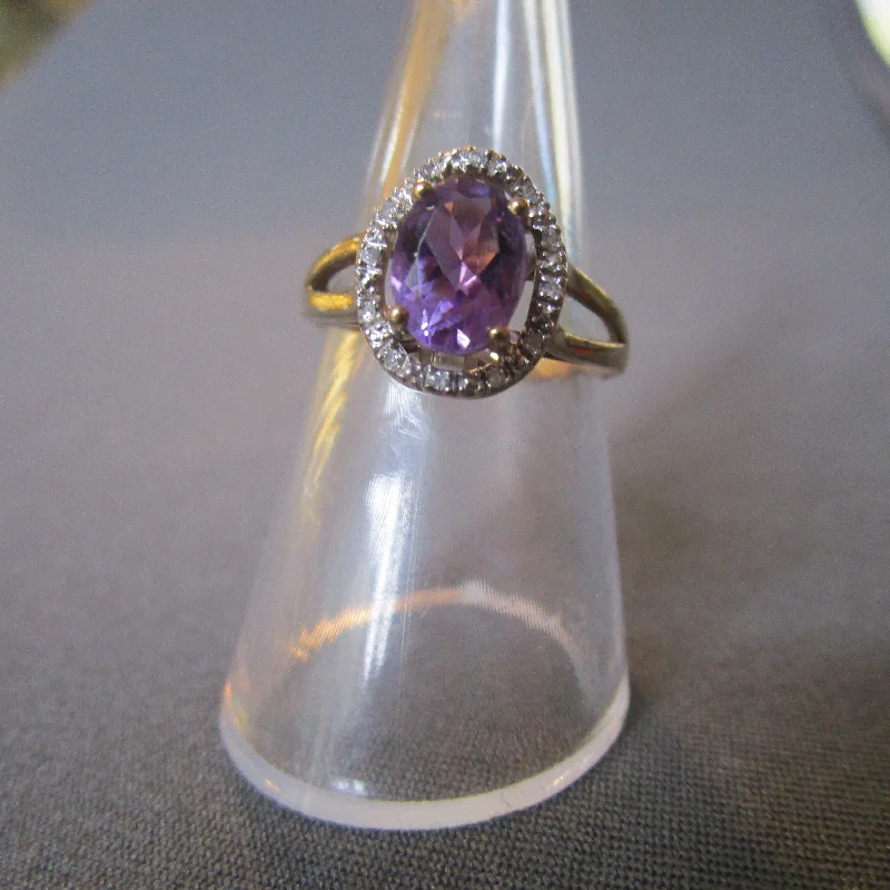 Ladies rings tribal charm -9Kt Gold Amethyst And Diamond Ring  size N Vintage c1970