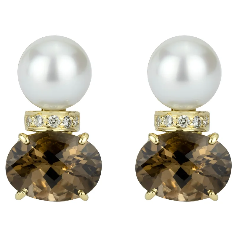 Ladies earrings soft shine -Earrings - South Sea Pearl, Smoky Quartz And Diamond