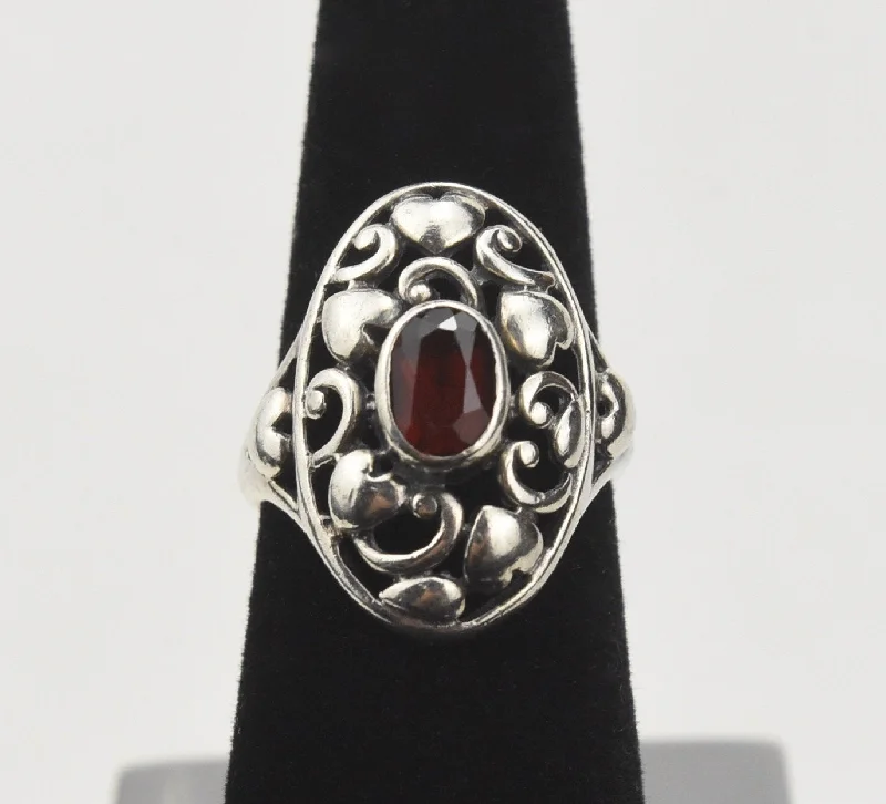 Ladies rings for dance nights -Pierced Sterling Silver Hearts Red Garnet Ring - Size 5.5