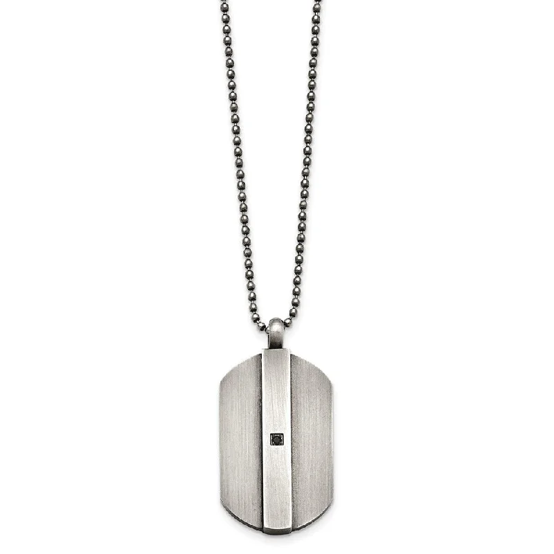 ladies-flower-station-necklaces-Antiqued Brushed Stainless Steel & Black CZ Dog Tag Necklace, 20 Inch