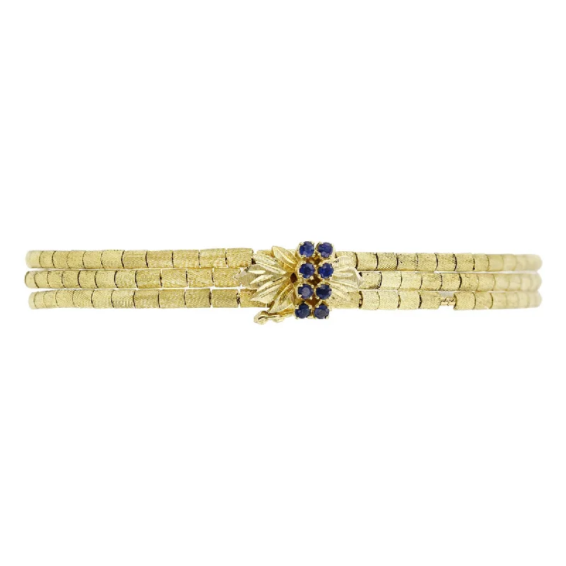 ladies-rustic-charm-link-bracelets-Mid-Century 18K Gold Sapphire 3-Strand Bracelet