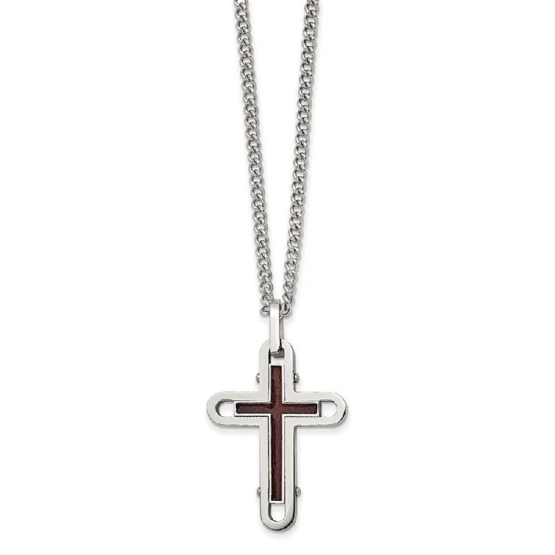 ladies-pearl-silver-necklaces-Stainless Steel & Wood with Enamel Overlay Cross Necklace, 24 Inch