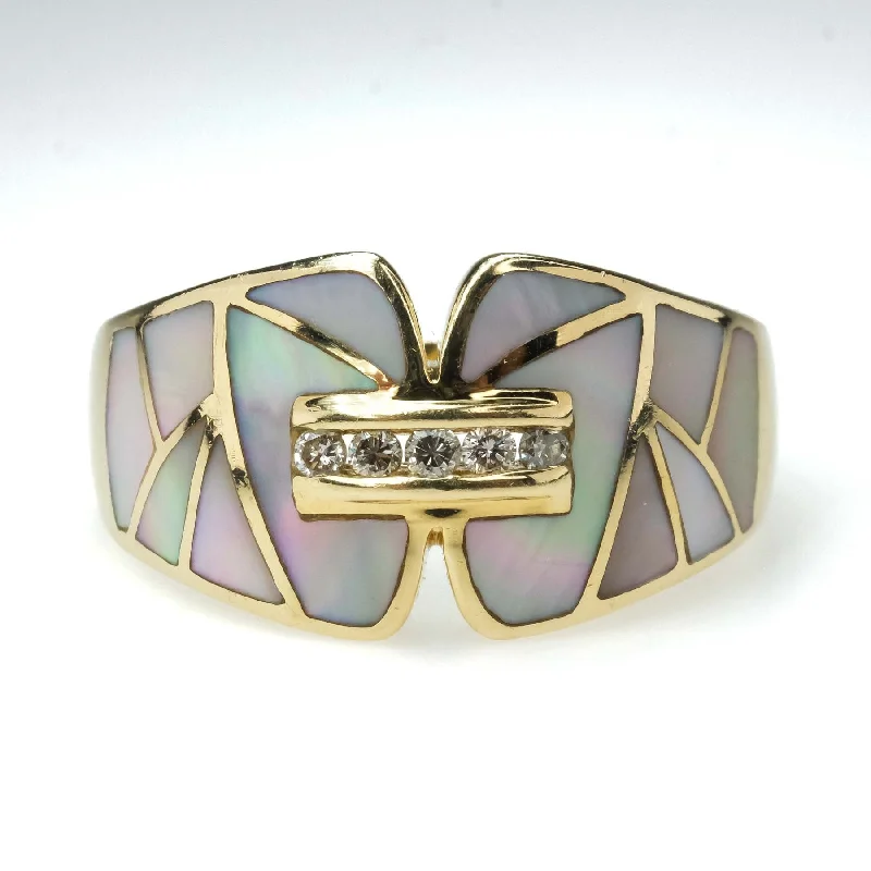 Ladies rings angular elegance -Mother of Pearl Inlay with Diamond Accents Ring in 14K Yellow Gold