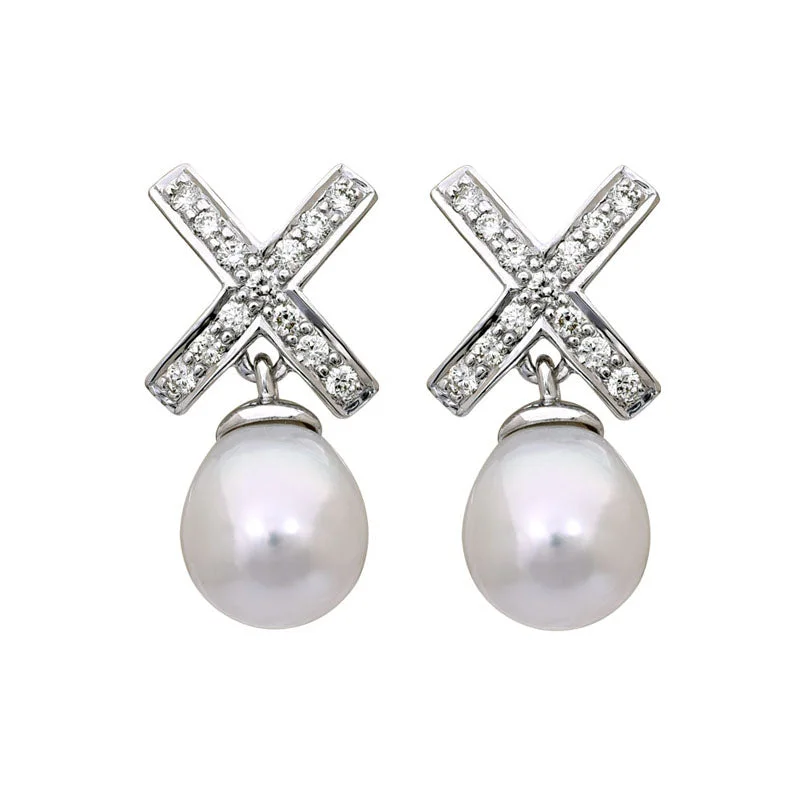 Ladies earrings with orbit charms -Earrings-South Sea Pearl and Diamond