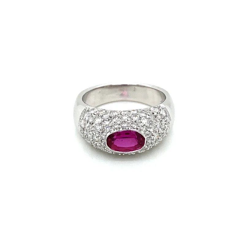 Ladies rings sculpted brilliance -Estate Ruby Diamond Pavé Gold Band Ring