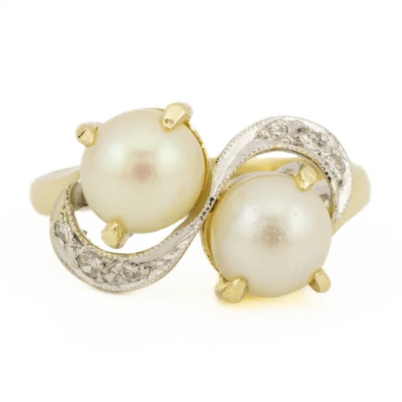 Ladies rings modern brilliance -Vintage Pearl & Diamond Accented Ring in 14K Two-Tone Gold - Size 6.25