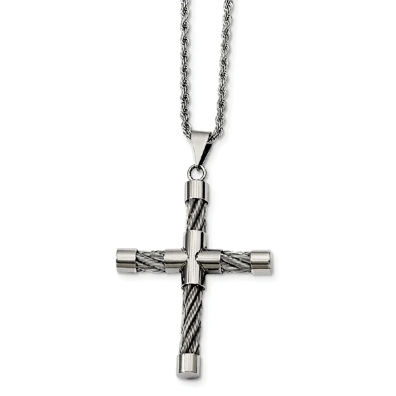 ladies-crystal-snake-chain-necklaces-Stainless Steel Polished and Wire Cross Necklace - 22 Inch