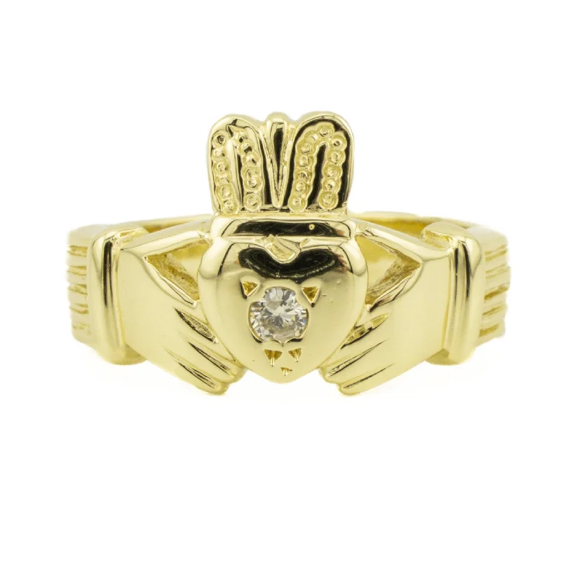 Ladies rings for rhyme vibes -Diamond Solitaire Claddagh Ring in 14K Yellow Gold - Size 9.5