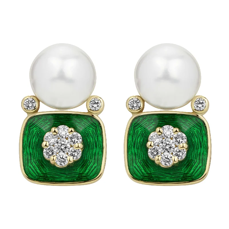 Ladies earrings with flare drops -Earrings - South Sea Pearl, Diamond (enamel) (2384B)