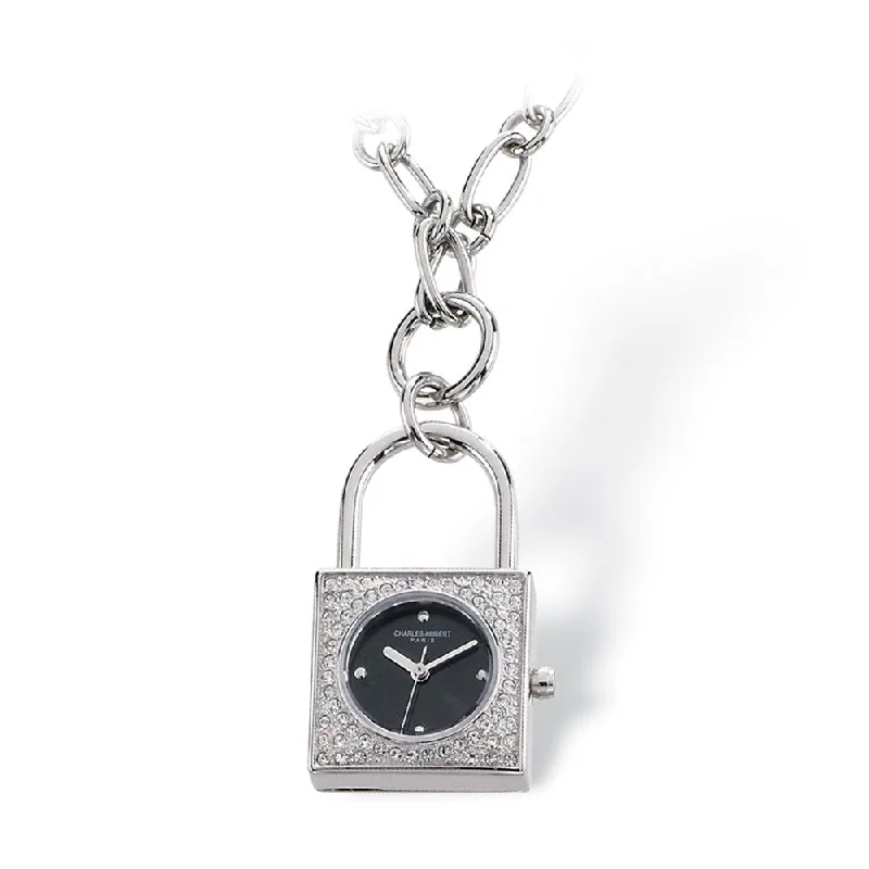 ladies-party-snake-chain-necklaces-Ladies, Stainless Steel, Black Dial Padlock Pendant Watch Necklace