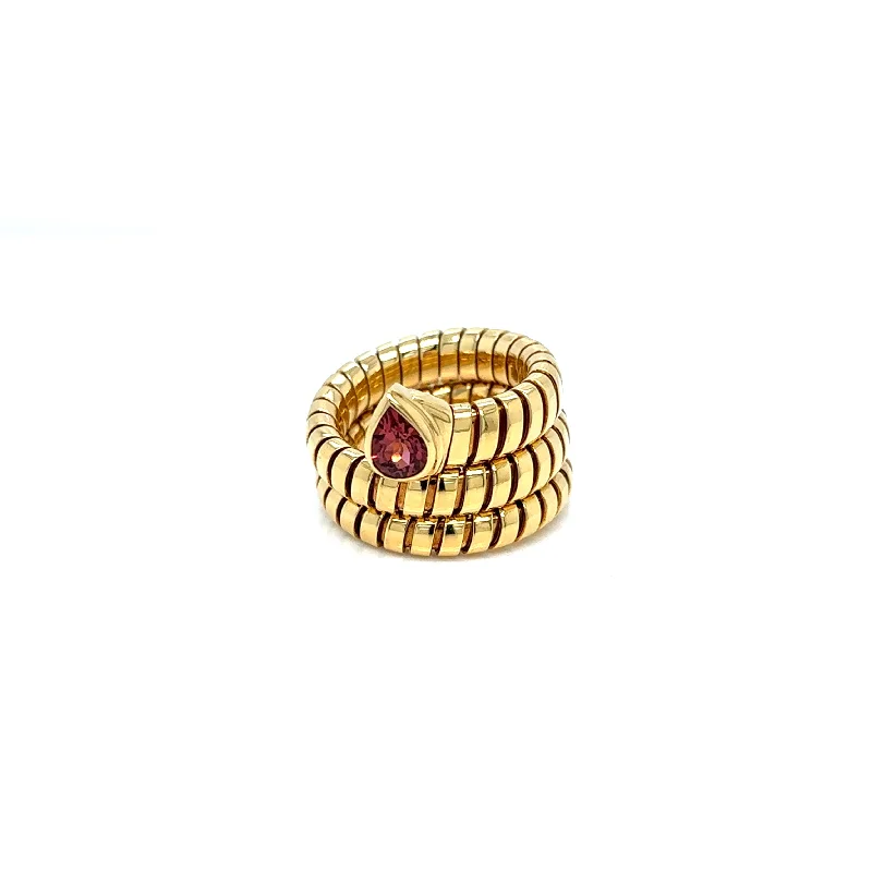 Ladies rings modern shine -Bulgari Tubogas Serpenti Tourmaline 18k Yellow Gold 3-Row Ring