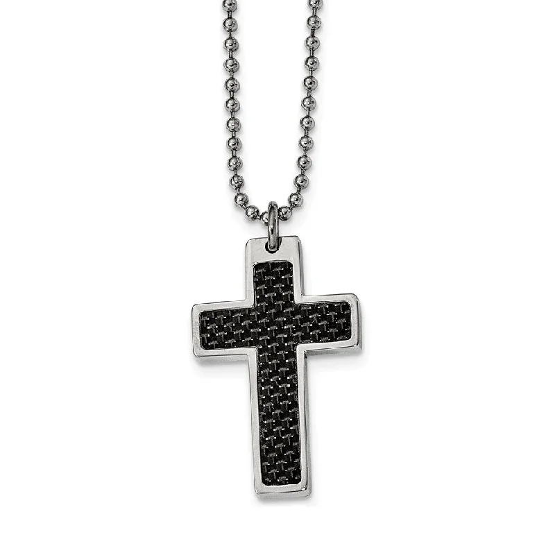 ladies-custom-station-necklaces-Steel and Black Carbon Fiber Cross and Beaded Chain Necklace - 20 Inch