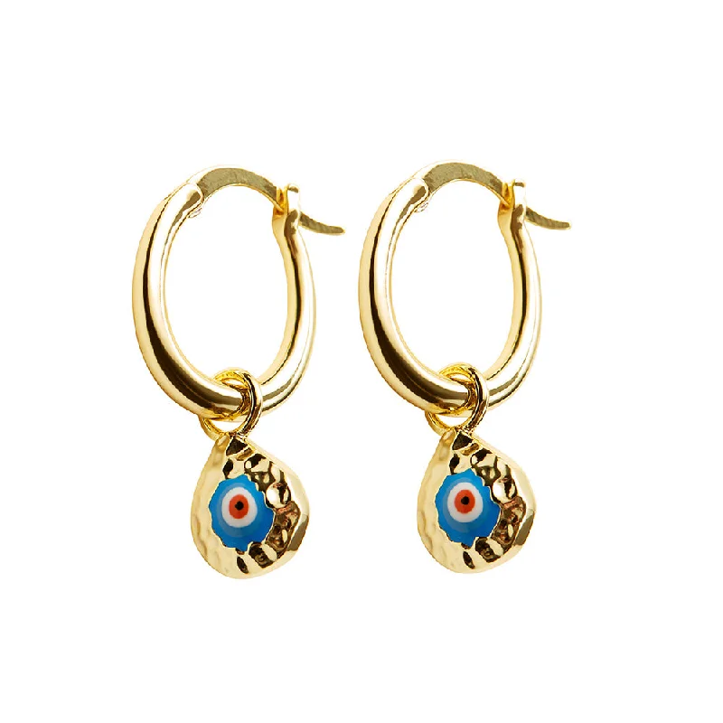 Ladies earrings dainty shine -THE HAMMERED EVIL EYE DROP EARRINGS