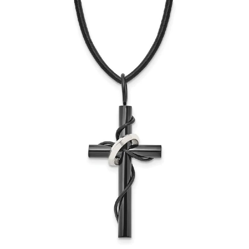 ladies-trendy-station-necklaces-Black Plated Stainless Steel & Leather Cord Cross Necklace, 20 Inch