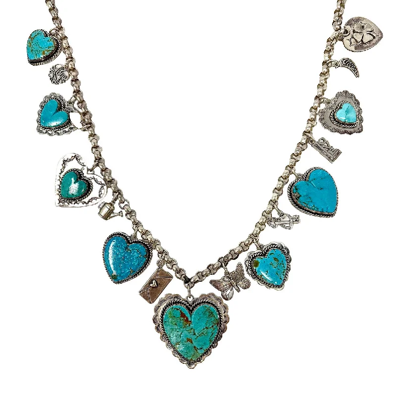 ladies-trendy-torque-necklaces-Joan Slifka Sterling Silver Navajo Heart Charm with Turquoise Necklace