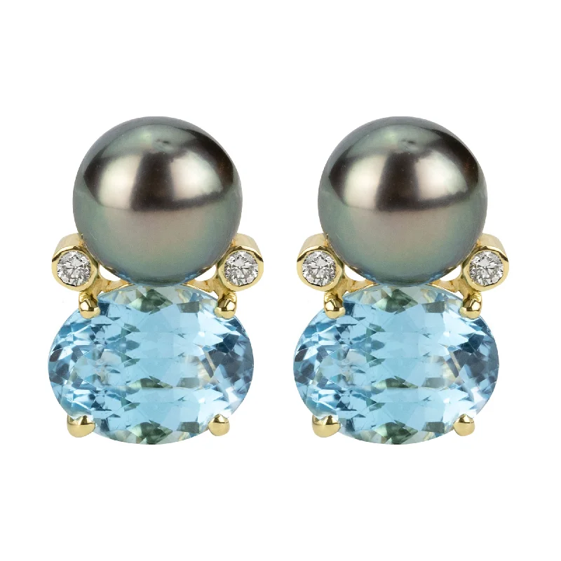 Ladies earrings with sage moss agate -Earrings - South Sea Pearl, Blue Topaz And Diamond