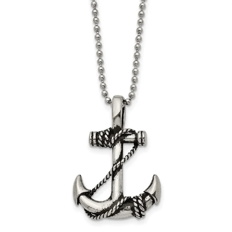 ladies-star-bib-necklaces-Stainless Steel Antiqued 3D Anchor Necklace, 22 Inch