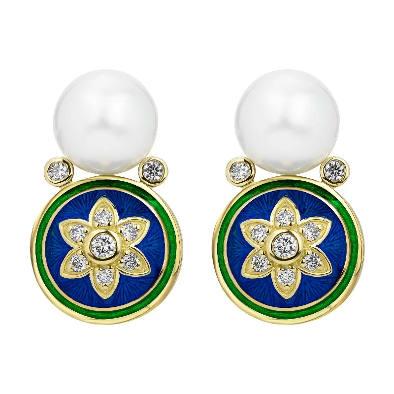 Ladies earrings with loop charms -Earrings - South Sea Pearl & Diamond (enamel) (2383F)