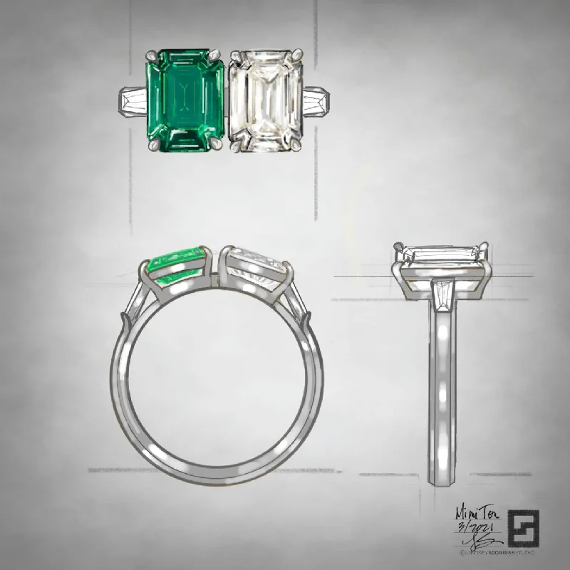 Ladies engagement rings with dusk settings -EMERALD AND DIAMOND TOI ET MOI ENGAGEMENT RING WITH BAGUETTES