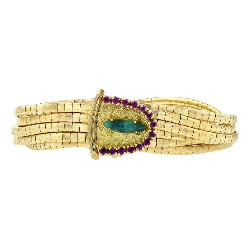 ladies-diamond-crystal-bracelets-Mid-Century 18K Gold Turquoise and Ruby Bracelet