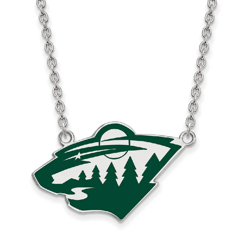 ladies-cross-lariat-necklaces-Sterling Silver NHL Minnesota Wild Large Enamel Necklace, 18 In