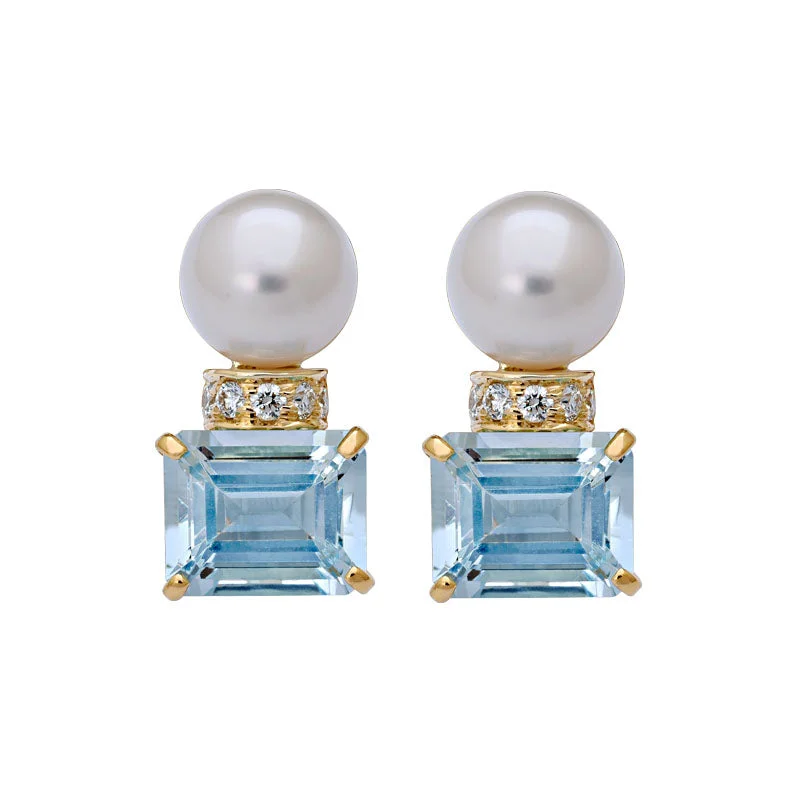 Ladies earrings thick shine -Earrings - South Sea Pearl, Aquamarine and Diamond in 18K Gold