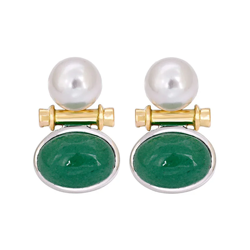 Ladies earrings lightweight studs -Earrings- Aventurine and South Sea Pearl