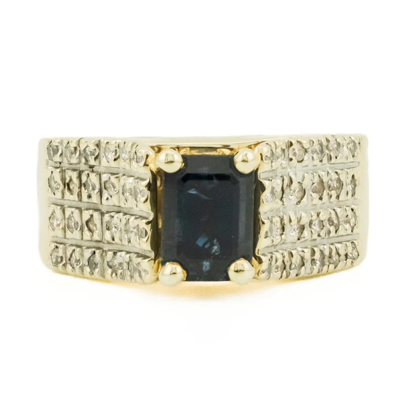 Ladies rings roamer’s flair -1.14ctw Emerald Cut Blue Sapphire & Diamond Accented Gemstone Ring in 14K Yellow Gold - Size 5.75