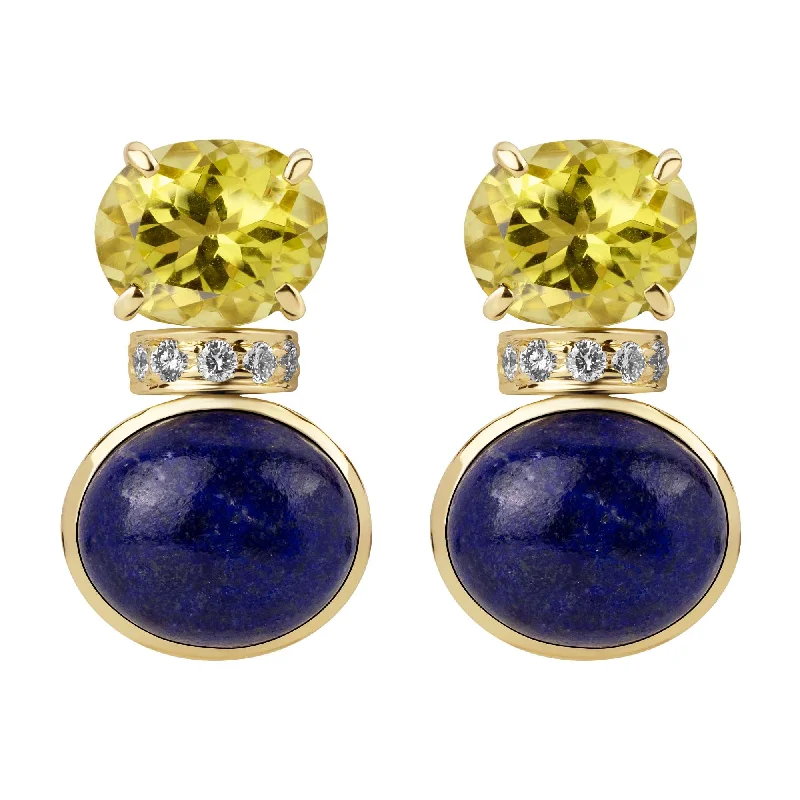 Ladies earrings with ladybug drops -Earrings - Lemon Quartz, Lapis Lazuli  And Diamond