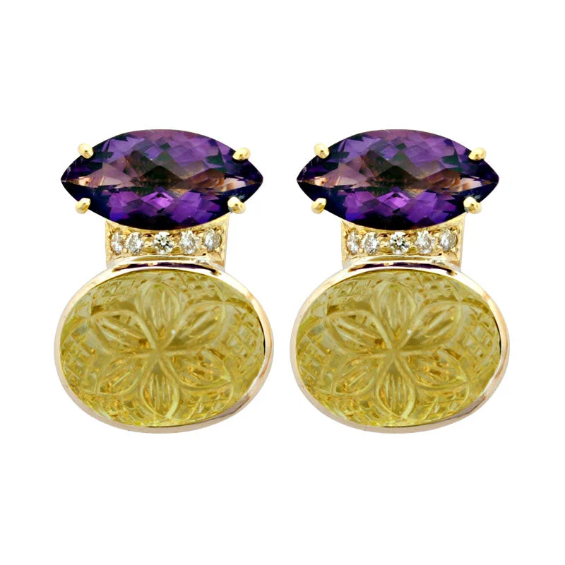 Ladies earrings for promise vibes -Earrings- Amethyst, Lemon Quartz And Diamond