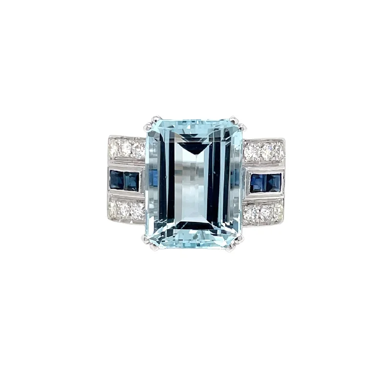 Ladies rings for sisterly bonds -Art Deco 12 Carat Aquamarine Diamond Sapphire Gold Ring