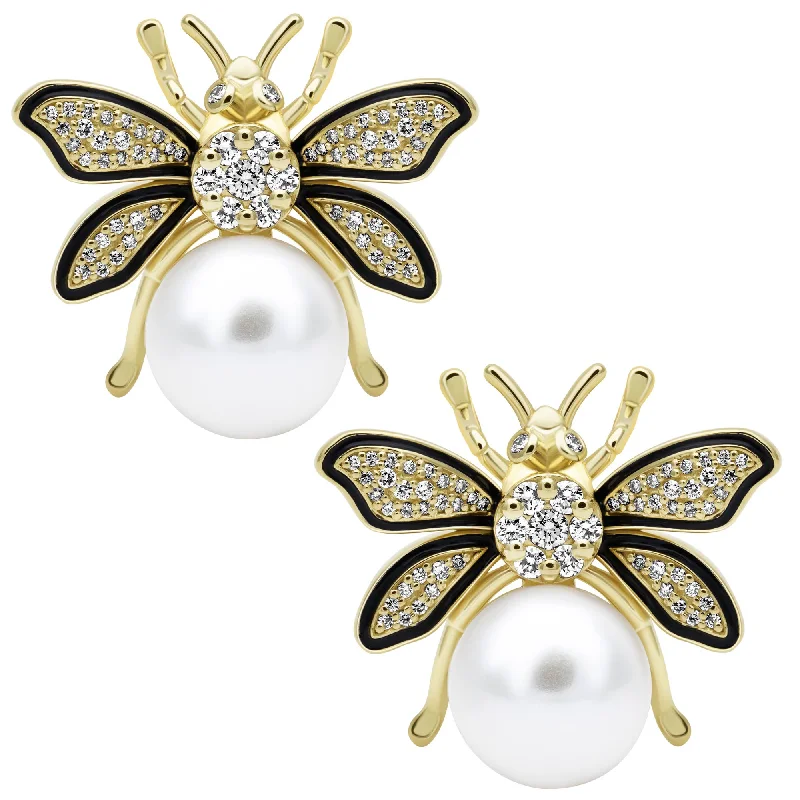 Ladies earrings with wing designs -Earrings - Freshwater Pearl, Diamond (Enamel) (2409C)