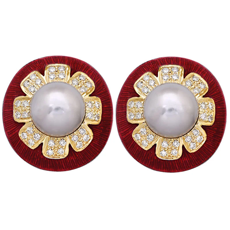 Ladies earrings for ear stacks -Earrings-South Sea Pearl and Diamond (Enamel)