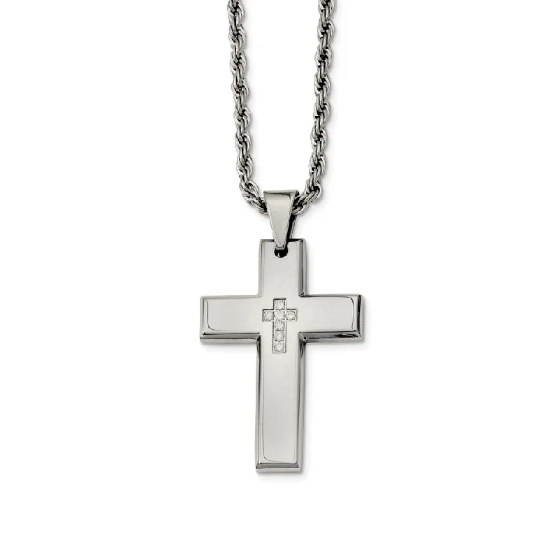 ladies-delicate-station-necklaces-Stainless Steel Polished Cross with CZ's Necklace - 24 Inch