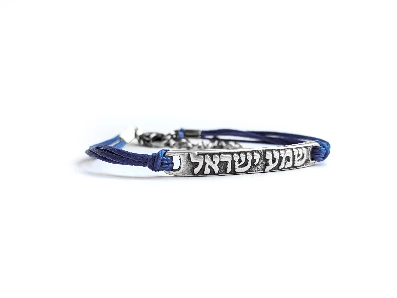 ladies-delicate-pearl-bracelets-Hebrew bracelet, silver plaque with Hebrew sentence: 'shema israel', blue string, Bat Mitzvah gift, from Israel, Hear Israel, Jewish prayer