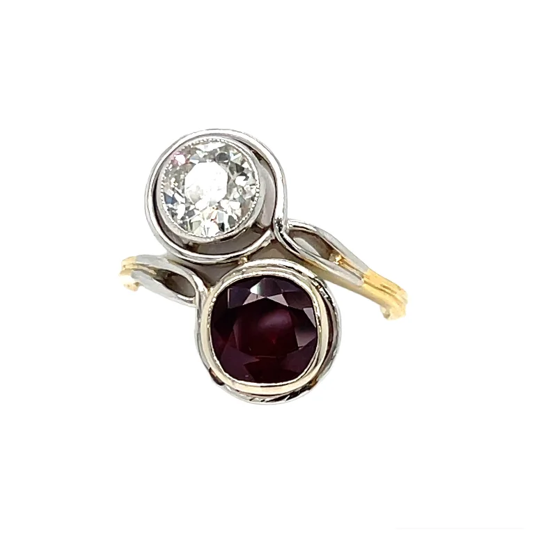 Ladies rings for golden years -Antique Diamond Ruby Platinum Gold Vous et Moi Ring