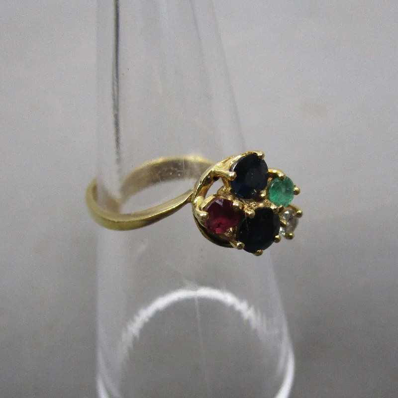 Ladies rings wave-inspired -18k Yellow Gold Ruby Sapphire Diamond Emerald Ring Vintage c1980