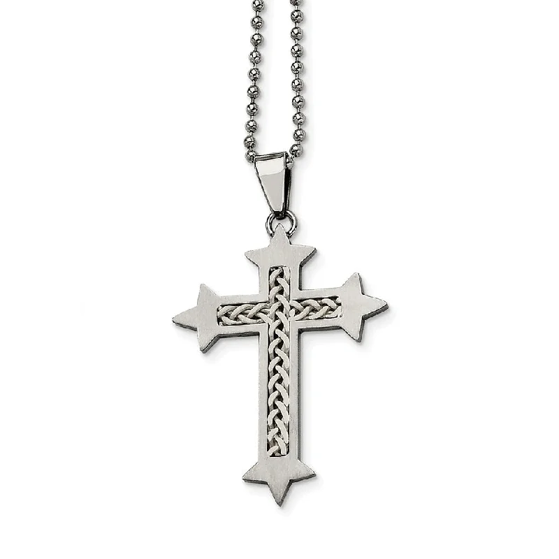 ladies-sterling-silver-station-necklaces-Stainless Steel Satin Cross w/ Silver Inlay Necklace - 24 Inch