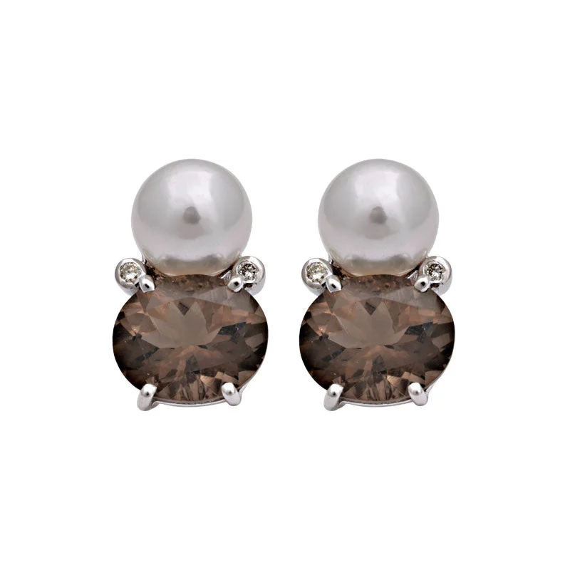 Ladies earrings quirky shine -Earrings-Smokey Quartz, South Sea Pearl and Diamond