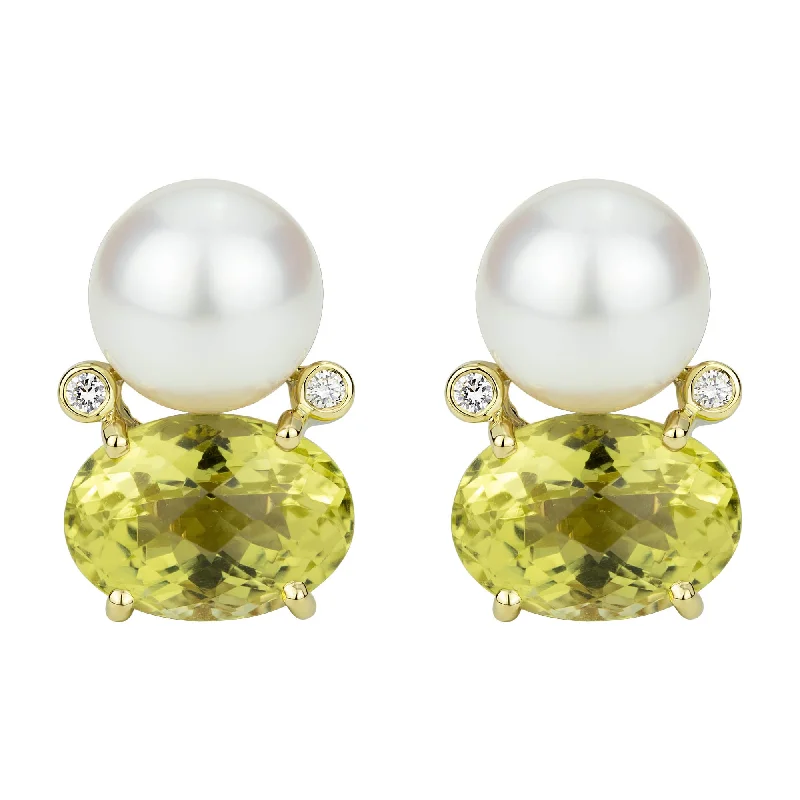 Ladies earrings with ivy agate -Earrings - South Sea Pearl, Lemon Quartz And Diamond