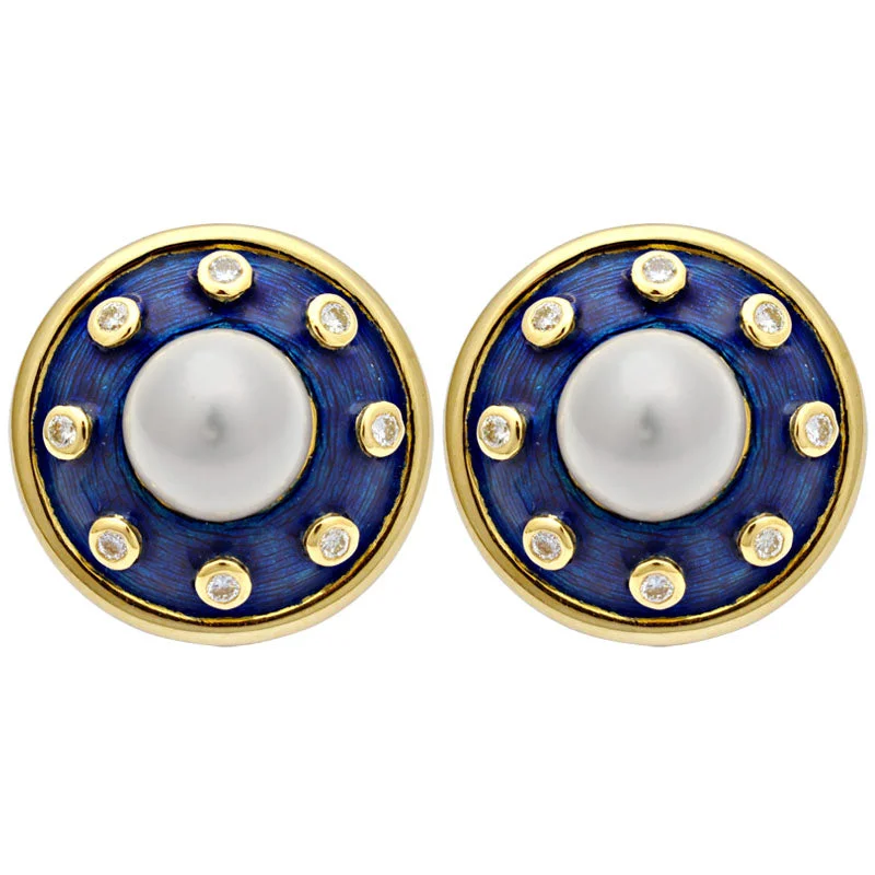 Ladies earrings with ladybug drops -Earrings-South Sea Pearl and Diamond (Enamel)