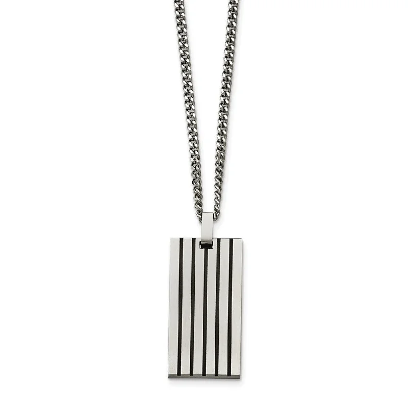 ladies-wedding-rose-gold-necklaces-Black Rubber Striped Brushed Stainless Steel Dog Tag Necklace, 22 Inch