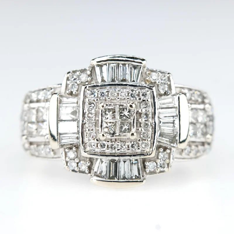 Ladies rings multi-ring elegance -Geometric Cluster Diamond Right Hand Ring 1.18ctw in 14K White Gold