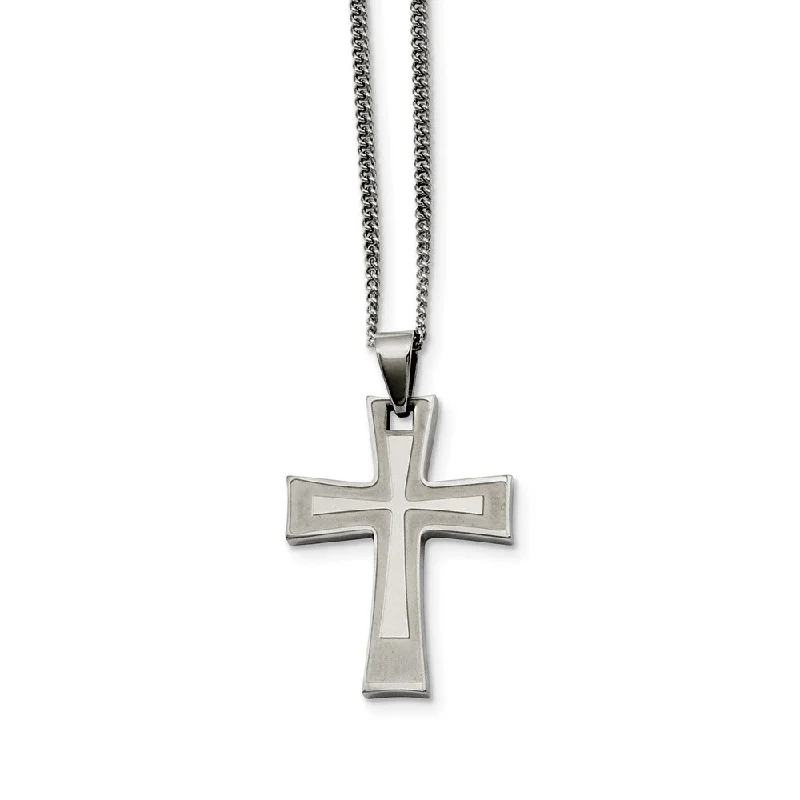 ladies-classic-cable-chain-necklaces-Stainless Steel Brushed and Polished Cross Necklace - 24 Inch