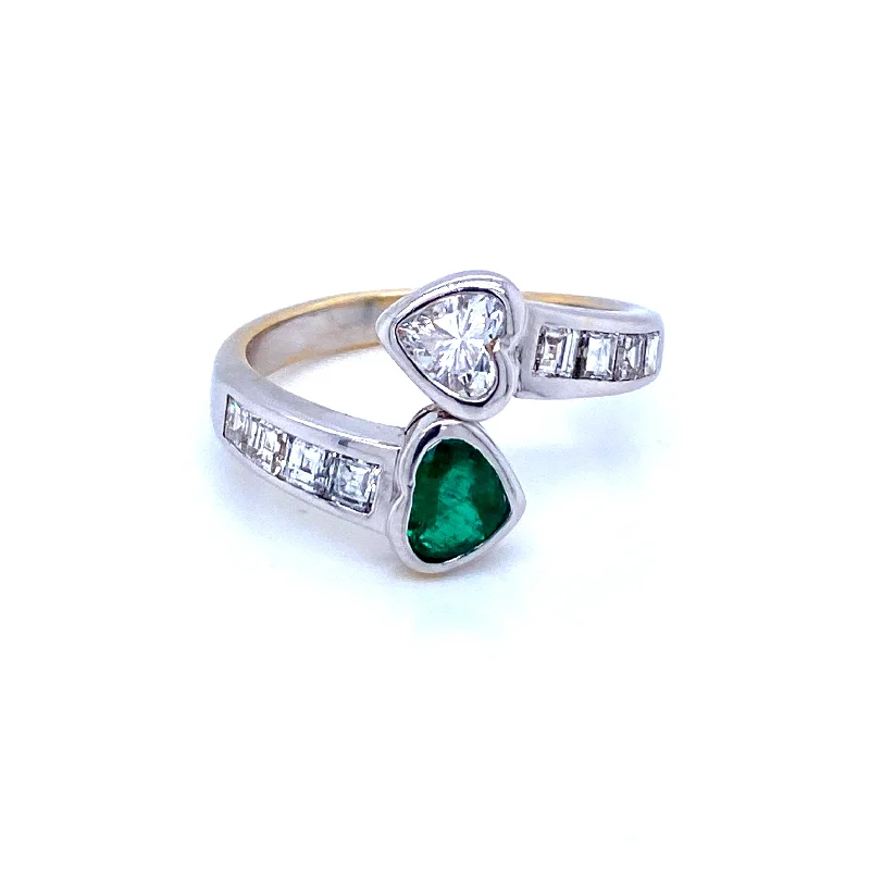 Ladies rings for festive shine -Vintage Hearts Emerald Diamond Vous et Moi Gold Ring