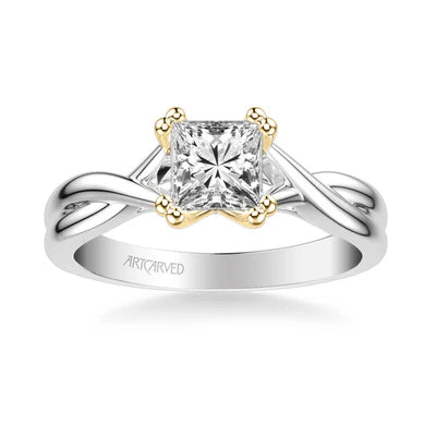 Ladies engagement rings with scale settings -Solitude Contemporary Solitaire Twist Diamond Engagement Ring in 14K White Gold & 14K Yellow Gold